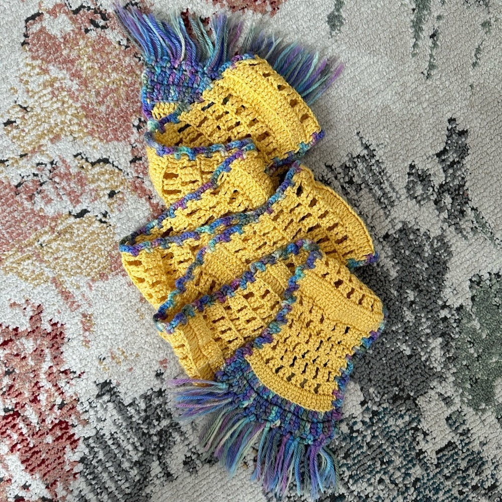 Hand Crafted Women’s Cozy Crochet Scarf Yellow Lavender & Blue

Approx 80” Long
